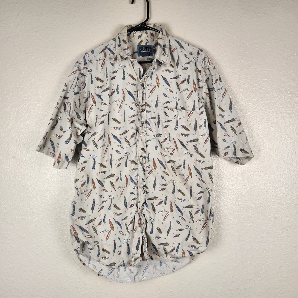 Vintage Woolrich Shirt Mens Medium Feather Print Cotton Outdoors Short Sleeve
